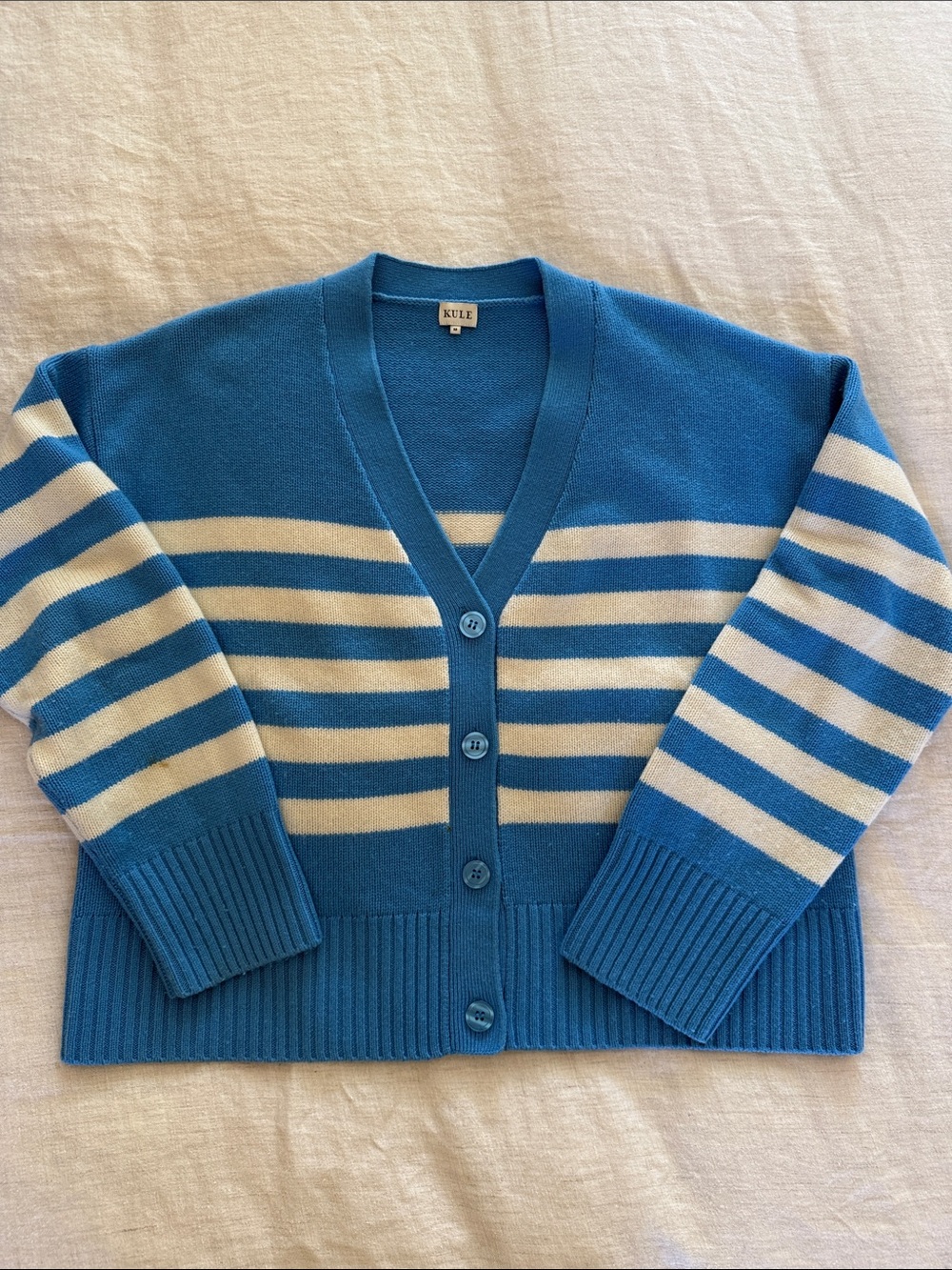 KULE Blue and White Striped V-Neck Button-Front Cardigan
